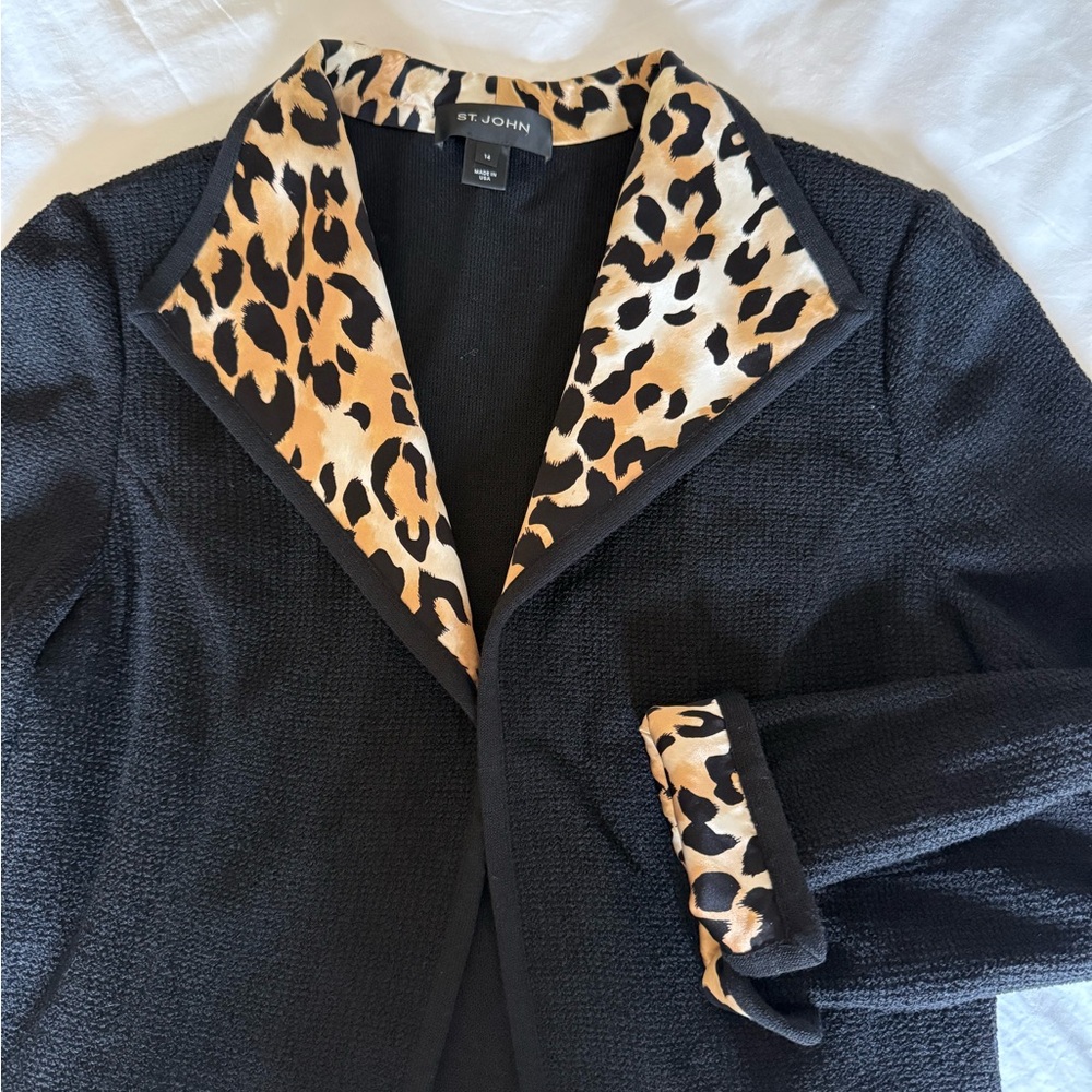 St. John Black Blazer with Leopard Print Details